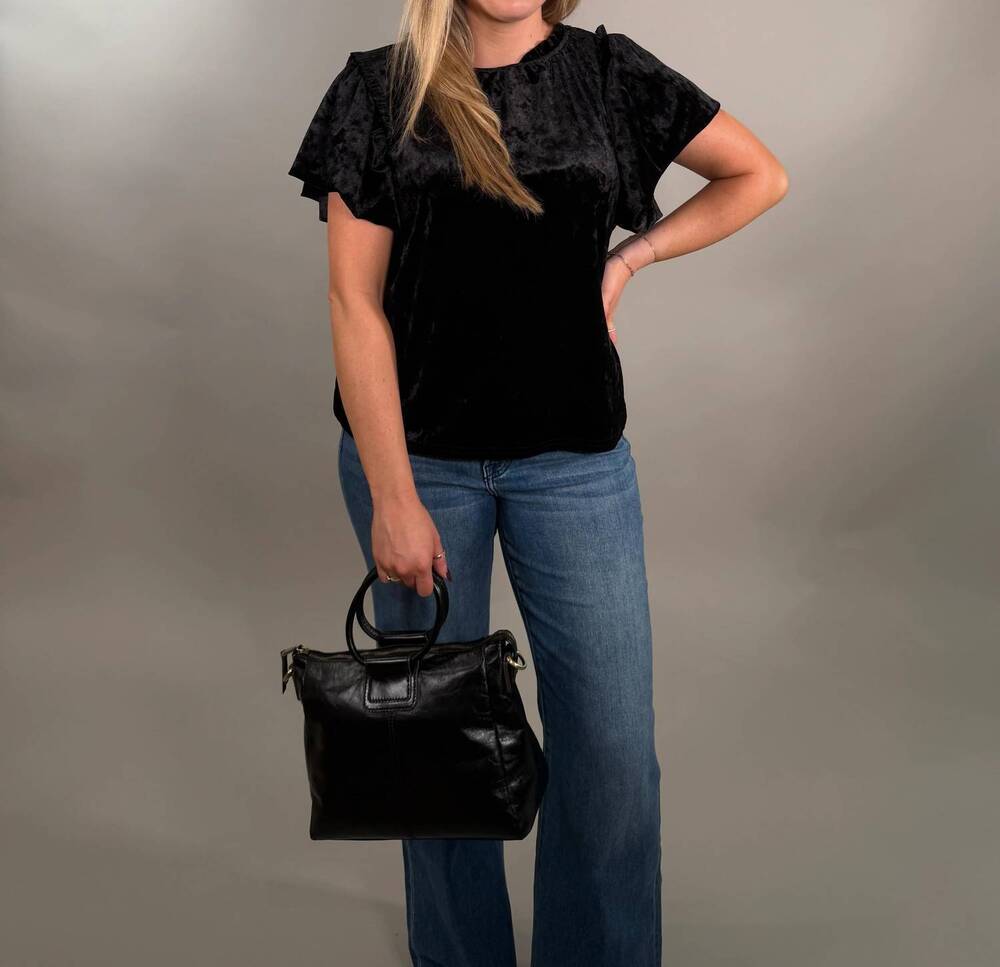 NEW IVY JANE flutter sleeve velvet top in black